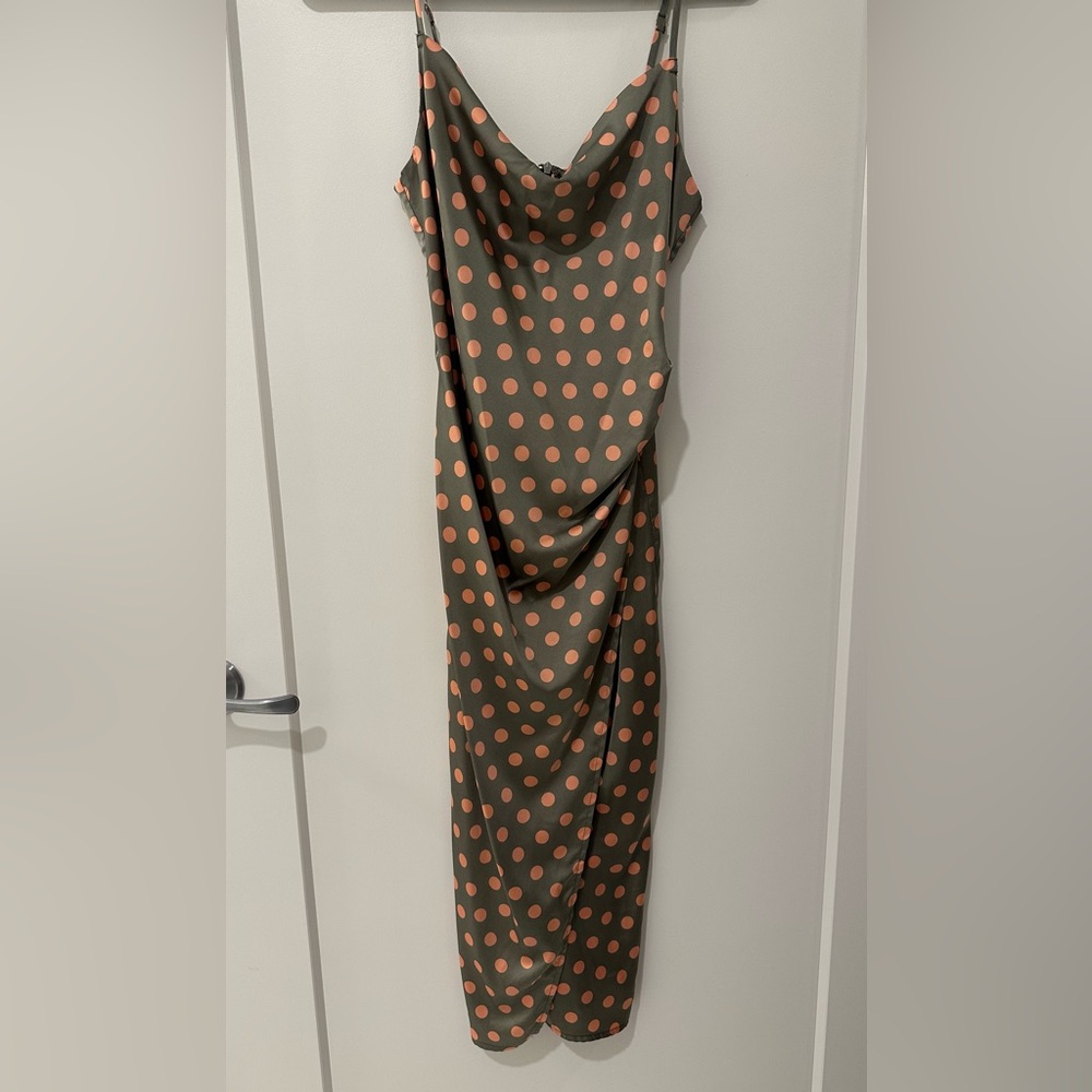 Polka dot silk cowl neck dress